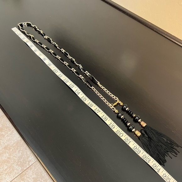 Retro chain belt with beads and tassles accents, black and gold tone - Picture 5 of 9